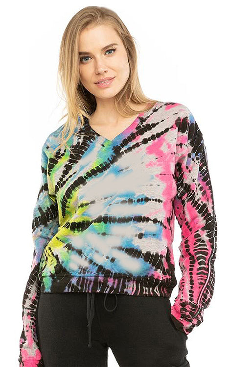 Vintage V Neck Sweatshirt with Spiral Lizard Neon Dye