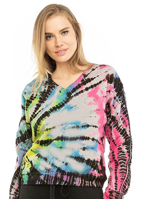 Vintage V Neck Sweatshirt with Spiral Lizard Neon Dye