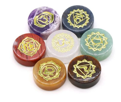 Chakra Small Disk Stone Set with Engraved Symbols - 7 pieces