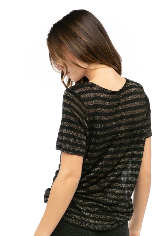 Lurex Stripe Pocket V Neck T