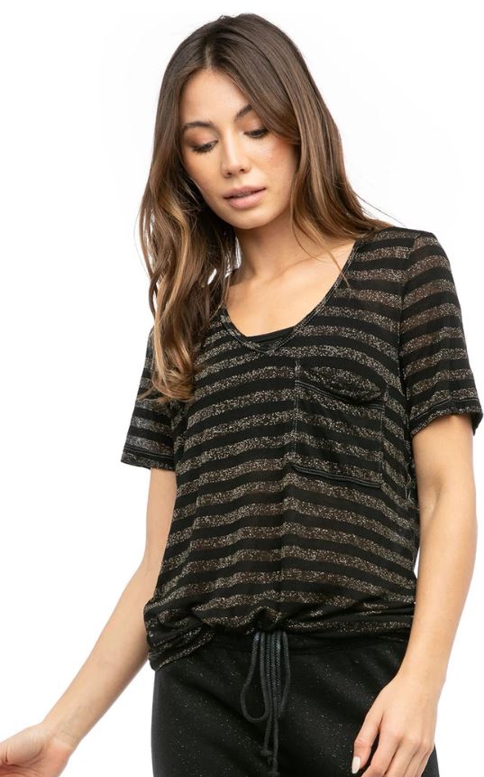 Lurex Stripe Pocket V Neck T