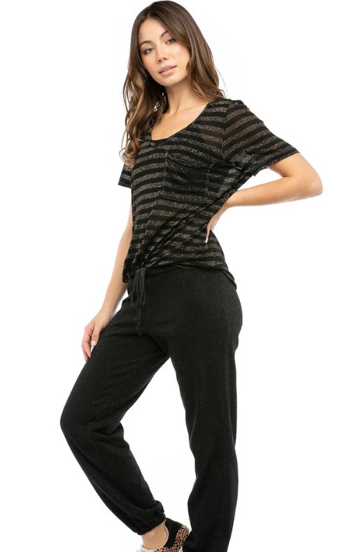 Lurex Stripe Pocket V Neck T