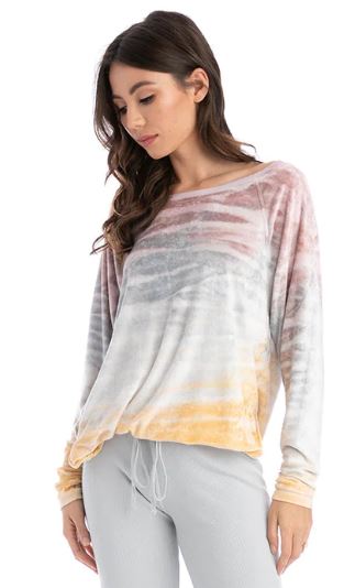 Long Sleeve Velvety Shoulder Slide Raglan Tee - with Tie Dye