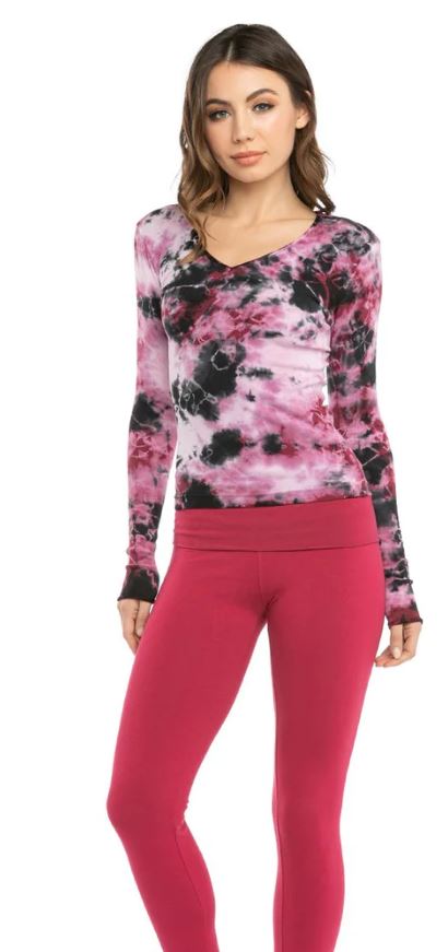 Satin Trimmed V Neck Long Sleeve Tee