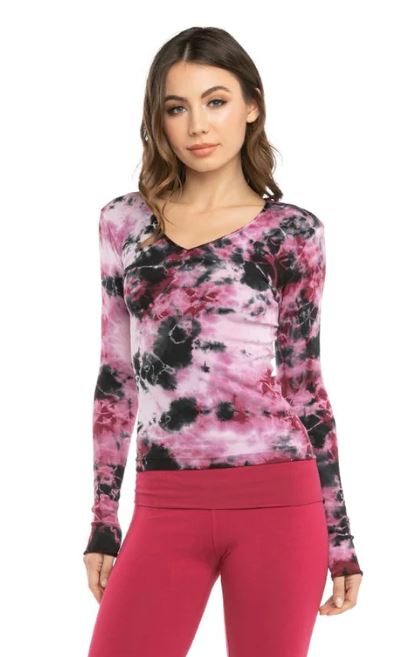 Satin Trimmed V Neck Long Sleeve Tee