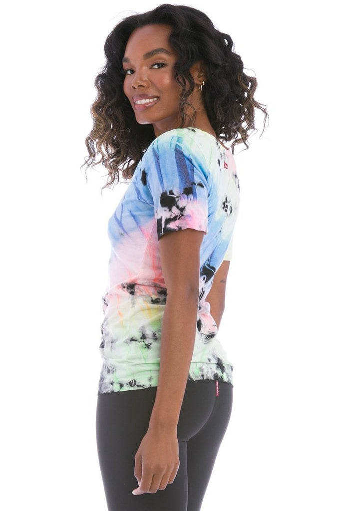 Bamboo Jersey V Neck T with Neon Rainbow Iceberg Tie Dye