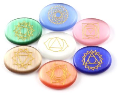 Chakra Stone Set - Engraved Cats Eyes - 7 pieces