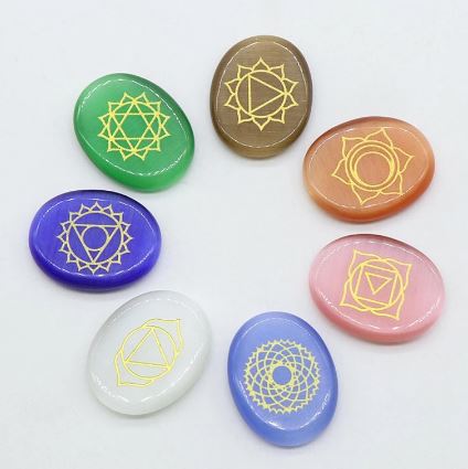 Chakra Stone Set - Engraved Cats Eyes - 7 pieces