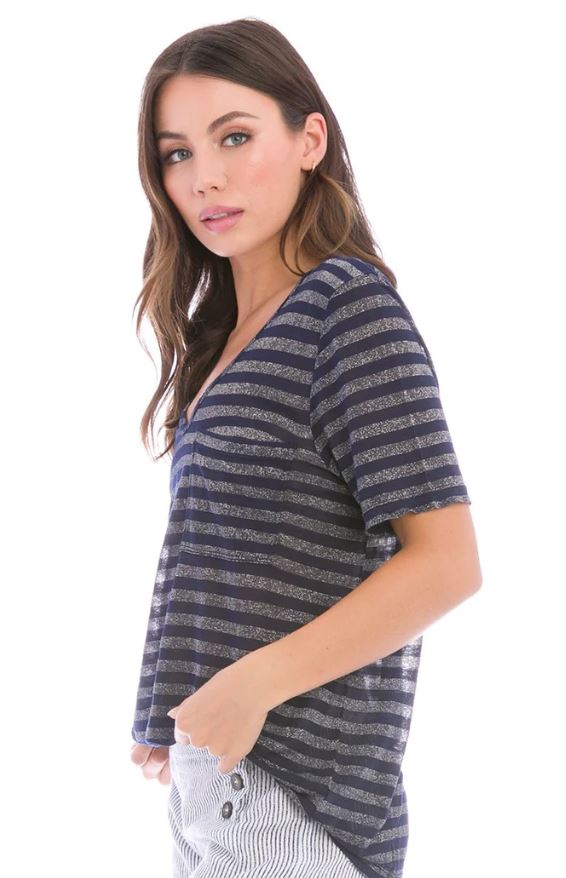 Lurex Stripe Pocket V Neck T